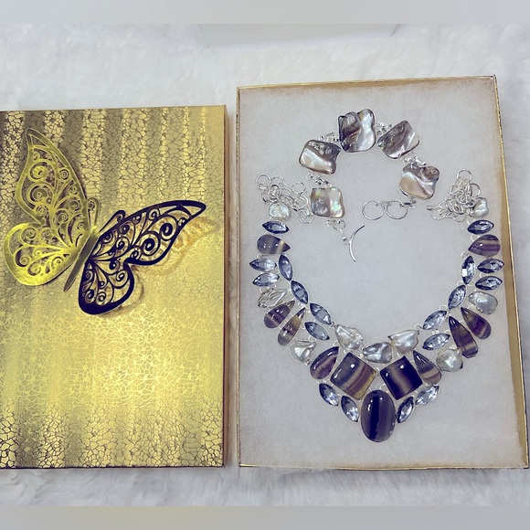 Beautiful 925 Fluorite Biwa Pearl & Amethyst Necklace & Bracelet Gemstone Set - Picture 5 of 13